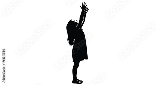 Black silhouette vector illustration of a young girl reaching upwards with both hands toward the sky