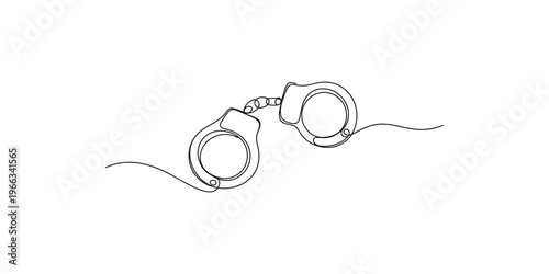 Continuous line drawing of a pair of handcuffs on a white background