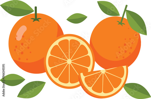 Orange fruit collection with whole and sliced citrus pieces, leaves and segments flat vector illustration set