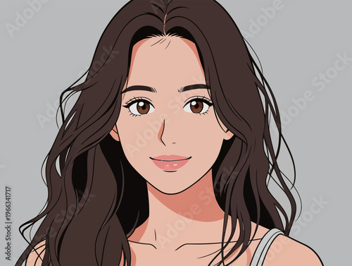 Young woman with long hair smiles while facing the viewer in a simple color background