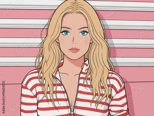 Young woman in a striped outfit stands against a pink background while looking directly at the viewer with a calm expression