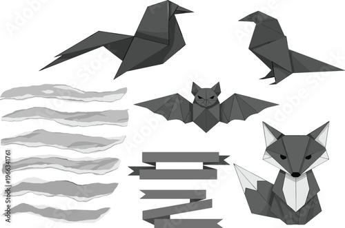 Origami animals collection with crow, bat, fox and paper ribbon elements geometric vector illustration set