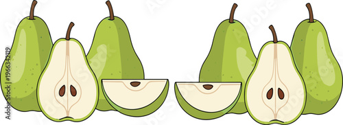 Pear fruit collection with whole and sliced pieces fresh organic green pears vector illustration set