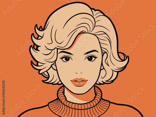 Woman with light hair and sweater on orange background smiling and looking straight ahead in a graphic style