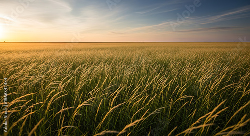 Golden Field of Grass Swaying in the Gentle Breeze Under the Warm Sunset Sky
