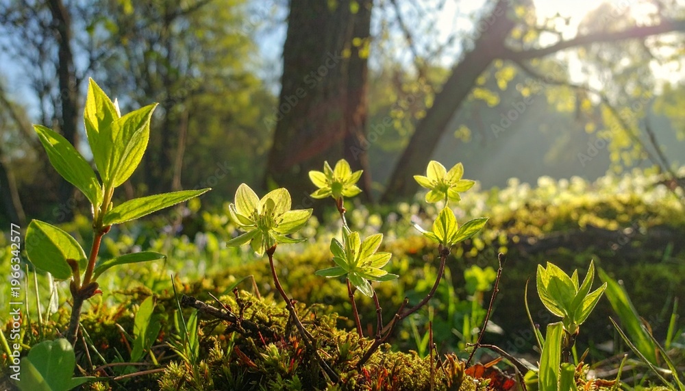 Fototapeta premium Fresh spring foliage glowing in soft morning sunlight with dew drops
