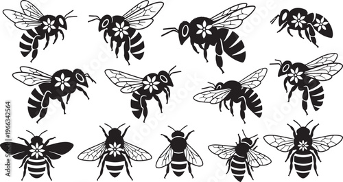 Black and white illustration of multiple bees in flight