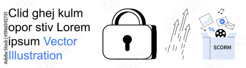 Online learning, data protection, e-learning, SCORM packaging, secure content delivery, digital media storage. A lock security, arrows suggest progress and SCORM package indicates e-learning. Data