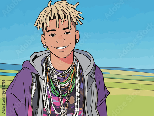 Young man with blonde dreadlocks stands outdoors with green fields and blue sky in background while wearing colorful jewelry