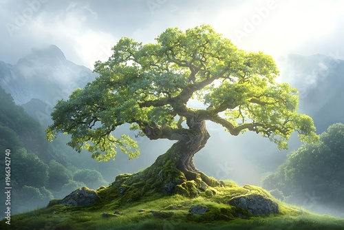 Majestic Oak Tree in Lush Green Landscape with Gentle Mist and Mountain Backdrop