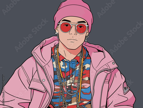 Young man wearing colorful clothes and accessories in a pink outfit with glasses and a beanie indoors during the daytime