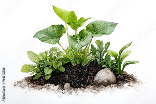 Vibrant Green Plants Growing in Rich Soil with Stones in a Natural Environment