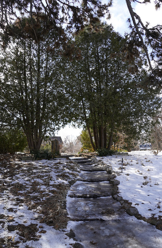 A flagstone path dusted with light snow leads through a natural archway formed by evergreen trees in a winter garden in Ottawa, Ontario