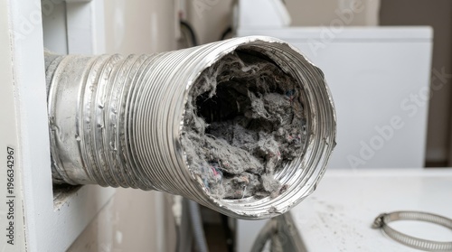 Close up view of a severely clogged silver flexible dryer vent hose filled with dangerous lint and dust in a home laundry room showing a serious fire hazard