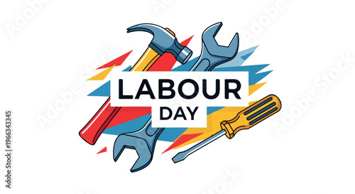Vibrant Labour Day graphic with tools and colorful rays on a white background, conveying a celebratory mood.