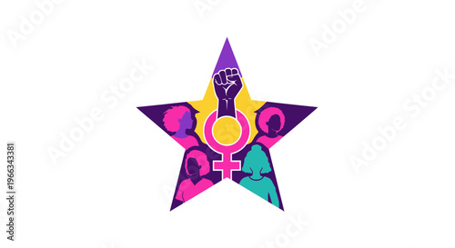 Feminist Star Symbol with Diverse Women Silhouettes and Raised Fist
