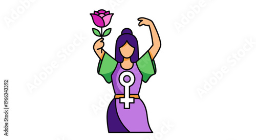 Feminist Woman Holding Rose with Venus Symbol, Empowered Female Icon