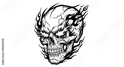 Fiery Skull Illustration - Dark Art with Flames and Cracked Texture