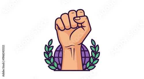 Fist Raised In Triumph With Laurel Wreath and Globe