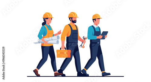 Flat illustration of three construction workers walking in a row, carrying tools and equipment against a clean white background with a professional and industrial mood.