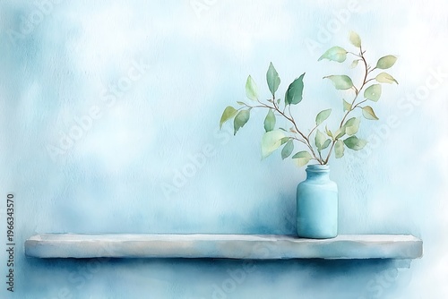 Simple Elegant Still Life with a Branch and Light Blue Background in Watercolor Style