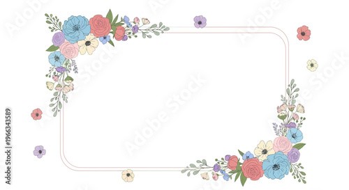 Floral Frame with Copy Space, Pastel Flowers Border, Wedding Invitation Design