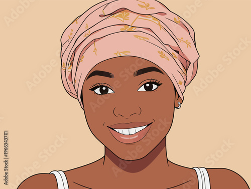Young woman with a head wrap smiles while looking at the viewer in a simple setting with a solid background