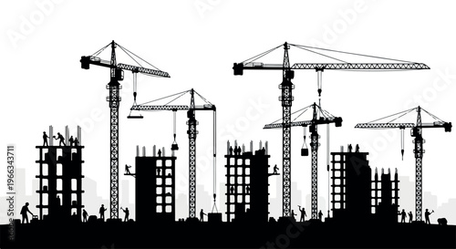 Silhouette of a construction site with cranes and buildings against a white background, showcasing industrial activity.