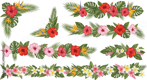 Tropical Floral Border Vector Set with Hibiscus Plumeria Palm Leaves and Exotic Flower Arrangements for Summer Wedding Decoration and Botanical Design