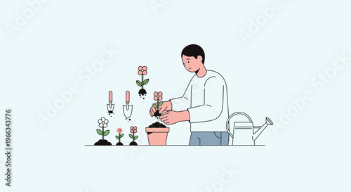 Gardener planting flowers, organic gardening, hobby, lifestyle, flat design illustration