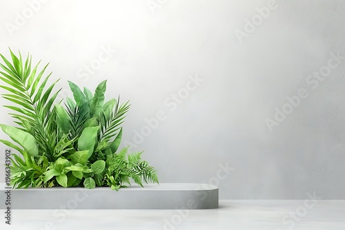 Lush Green Foliage on Minimalist Display with Soft Gray Background for Elegant Decor