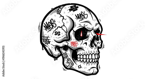 Graffiti Skull Illustration - Spooky, Urban Art Style with Red Eye Glow