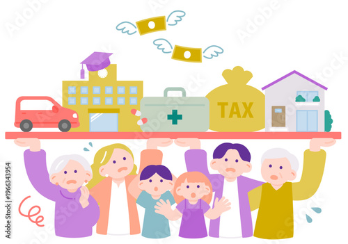 家族三世代で支える生活費と負担　物価高に悩む家計のイメージ