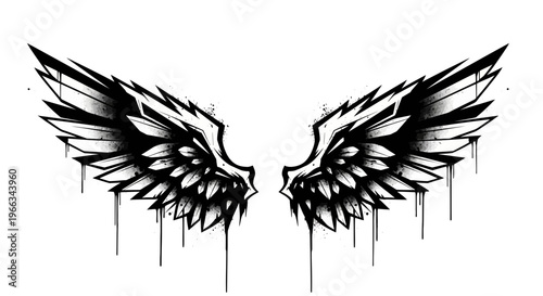 Graffiti Style Angel Wings Tattoo Design - Black and White