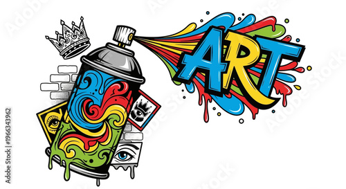 Graffiti Spray Can Art with Crown and Eyes Illustration