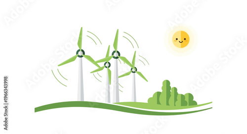 Green energy wind turbines on sunny day, renewable power generation concept