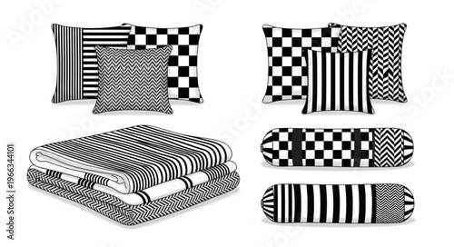 Black and White Patterned Pillows and Blanket Set.