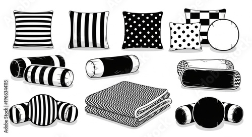 Collection of Black and White Patterned Pillows and Cushions.