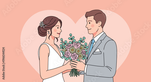 Happy Couple Holding Wedding Bouquet, Romantic Valentine's Day Illustration