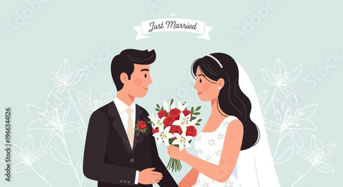 Happy Newlywed Couple, Bride and Groom, Wedding Flowers, Just Married Banner