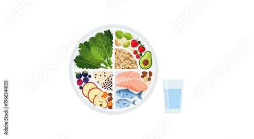 Healthy Balanced Meal Plate with Fish, Salmon, Avocado, Berries, Greens