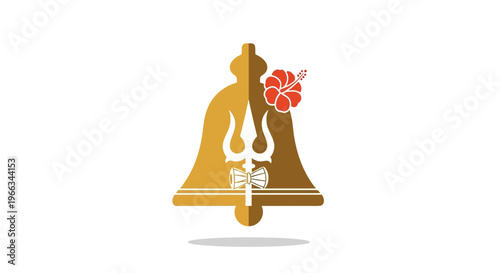 Hindu Bell Icon with Trishul and Hibiscus Flower, Golden Religious Symbol