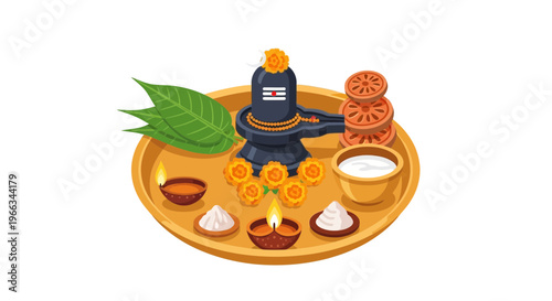 Hindu Pooja Thali for Lord Shiva Worship: Shivling, Diya, Flowers, Leaves, Milk