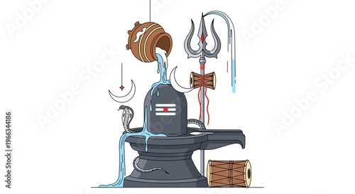 Hindu God Shiva Lingam Worship with Water, Trident, Snake, and Drum