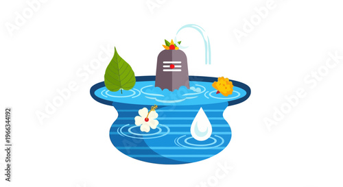 Hindu Shiva Lingam Puja Ritual with Water, Leaves, Flower, and Offering