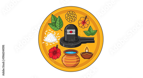 Hindu Puja Thali with Shiva Lingam, Flowers, Lamp, and Rice