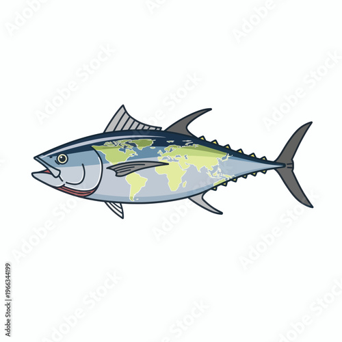 Tuna with world map design on white background