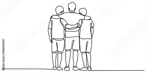 Minimalist continuous line art of three young men standing in a huddle with arms around each other. Vector, illustration