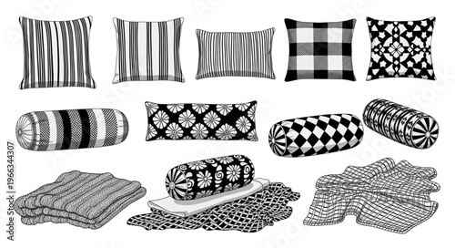 Collection of Black and White Patterned Pillows and Cushions.