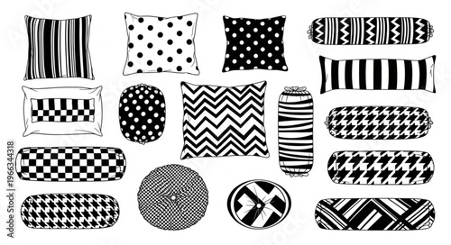 Collection of Black and White Patterned Pillows for Home Decor.